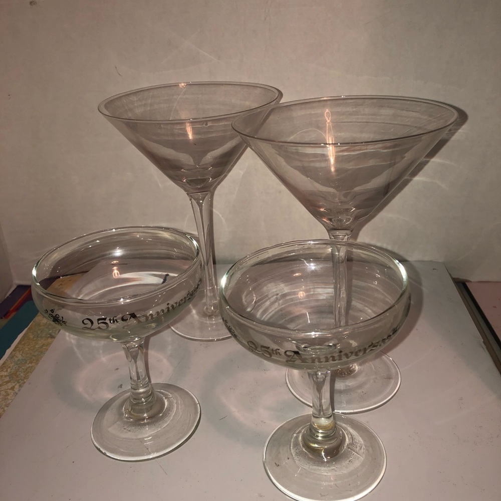 Elegant Clear Glass Cocktail Set including two - 25th anniversary glasses- used
